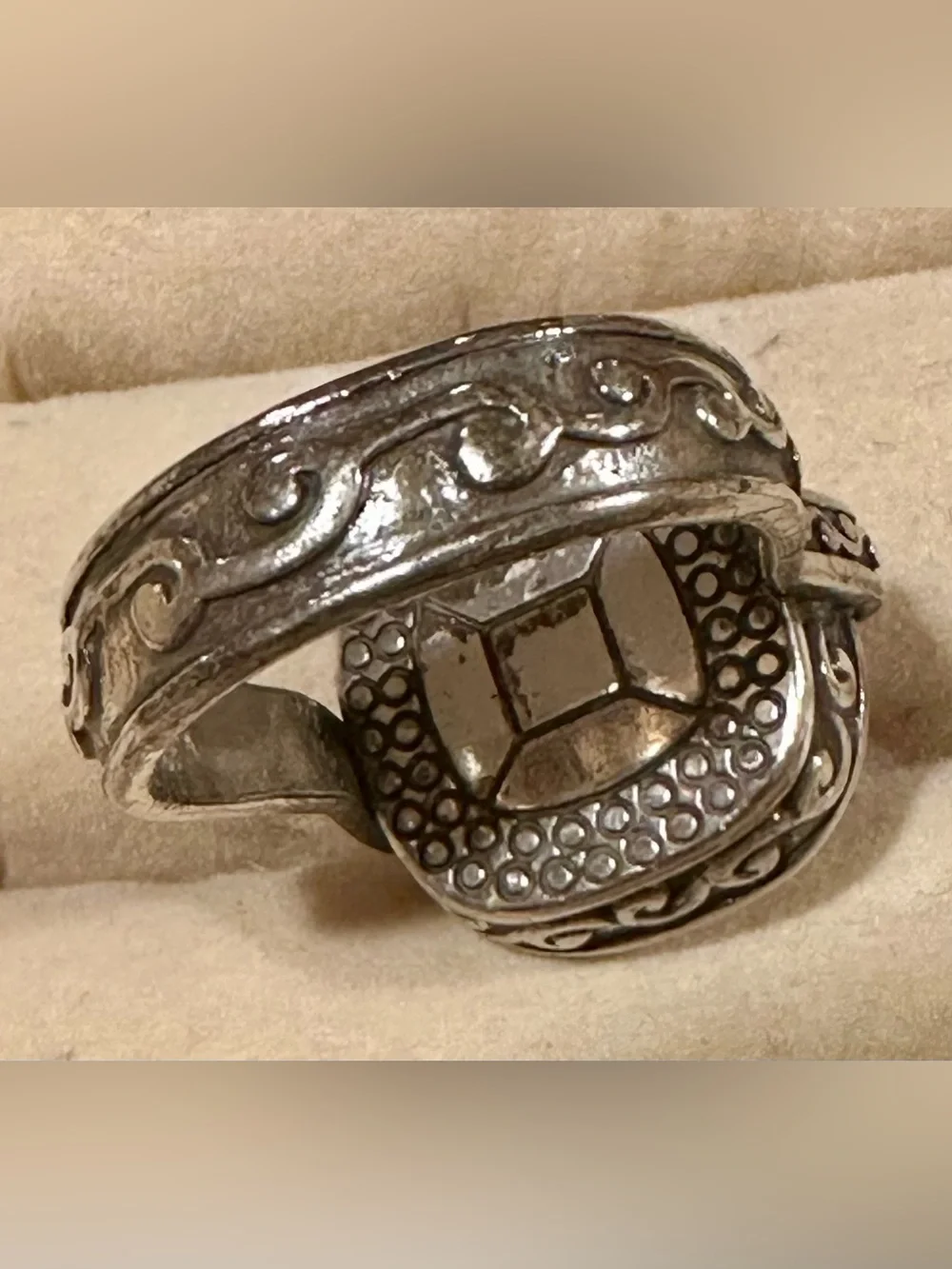 Brighton Silver-Tone Filigree Ring with Smoky Tan Faceted Stone- size 9 w/ bag